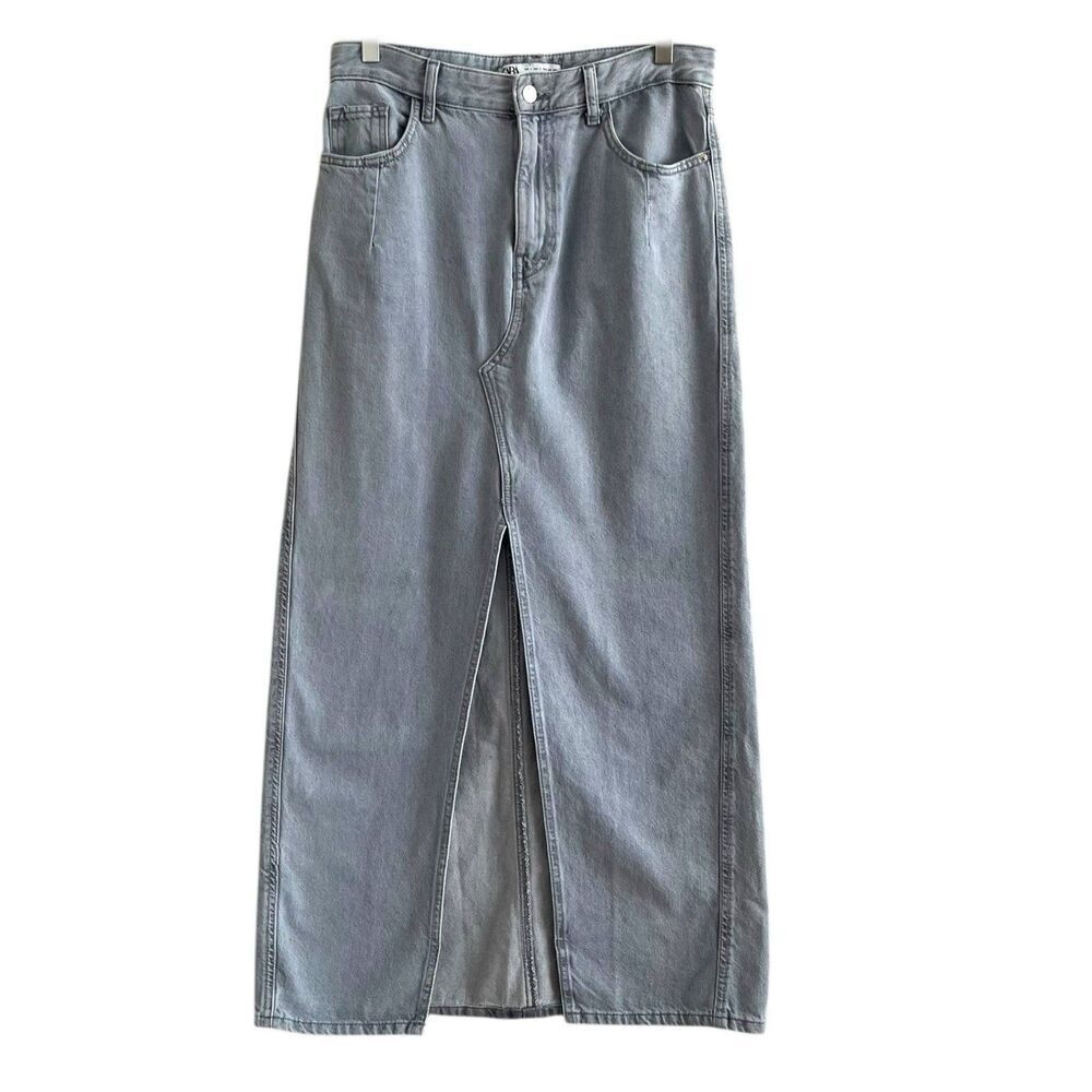 ZARA Denim Maxi Skirt S Light Wash Front Slit Boho Hippie Festival Ranch Modest - Picture 2 of 7